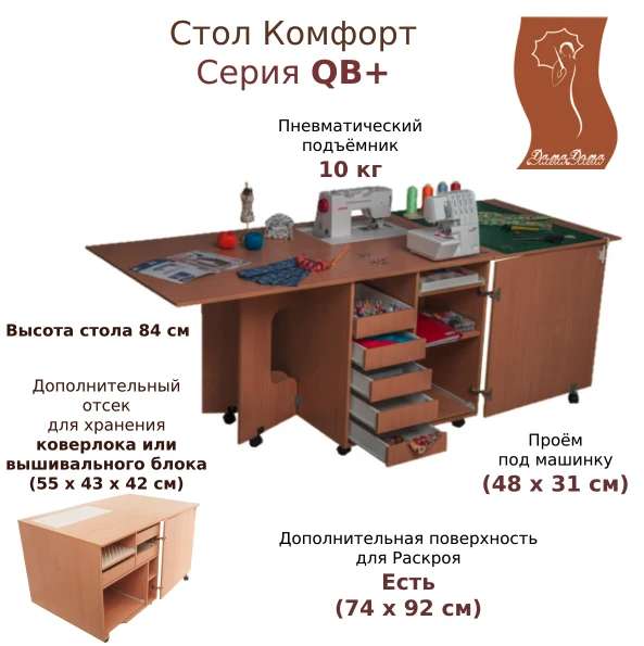 Стол для швейной машины и оверлока Комфорт 1QB+ — изображение из описания модели